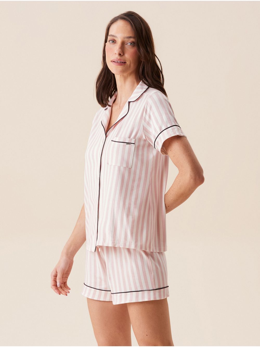 Hope — Short Doll Em Viscose Com Vivo Contrastante Flora Listrada Rosa Dust / Off White